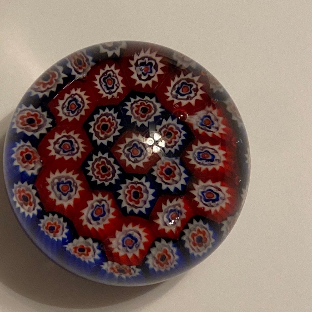 Murano? 2” Patriotic Glass Paperweight Paperweight Floral Red White Blue Flowers